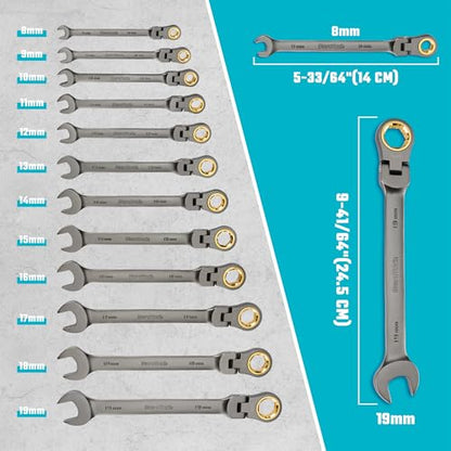 DURATECH Anti-Slip Flex-Head Ratcheting Wrench Set, 12-Piece, Metric | 72-Tooth, 8-19 mm, CR-V Steel, Storage Case Included