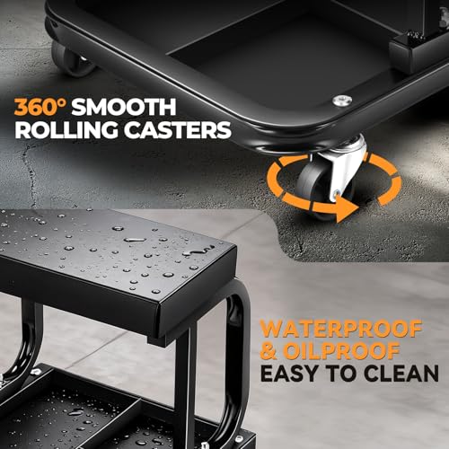 Auto Dynasty Rolling Mechanic Stool, Padded Shop Seat, w/Tool Tray, Black | Heavy Duty 250Lbs Capacity, Low Profile Rolling Shop Seat, with Tool Tray Storage for Garage, Workshop, Auto Repair