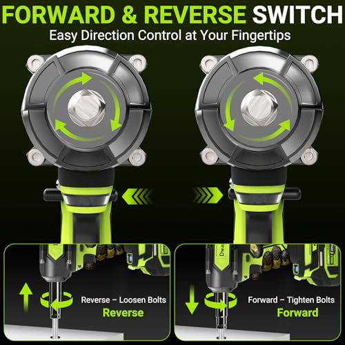 Cordless Impact Wrench 1/2 Inch, 1200N.m High Torque Brushless Impact Gun, 21V Power Impact Driver with 2×4.0Ah Batteries, 3-Speed modes & LED Light, 5 Sockets for Car/Mower (Black&Green)