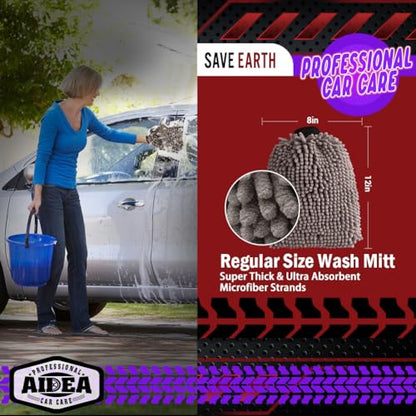 AIDEA Car Wash Mitt Microfiber, 2PK, Car Wash Brush, Grey, 8''X12'' | Scratch Free Lint Free Premium Chenille Microfiber Mitt, Cleaning Supplies, Extra Large Size - color: Grey, size: 2PK-8''X12''