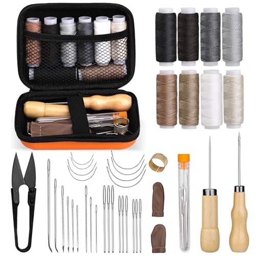 ZXIIXZ 40 Pcs Sewing Kit, Heavy Duty Sewing Kit for Adults | Leather Working Kits with 8 Colors Upholstery Thread, Upholstery Needles, Scratch Awl for Carseat, Backpack, Shoes