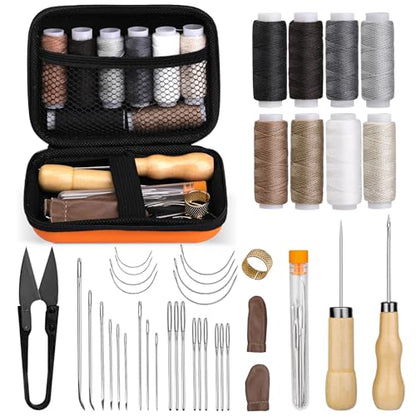 ZXIIXZ 40 Pcs Sewing Kit, Heavy Duty Sewing Kit for Adults | Leather Working Kits with 8 Colors Upholstery Thread, Upholstery Needles, Scratch Awl for Carseat, Backpack, Shoes