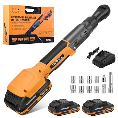 This Hill 3/8" 66 Ft-lbs Brushless Power Ratchet Driver with 2 Pack 15C 2000 mAh Lithium-Ion Battery, 20V 90NM Cordless Electric Ratchet Wrench Set, 1/4" and 1/2" Adapter for Automobile Engine