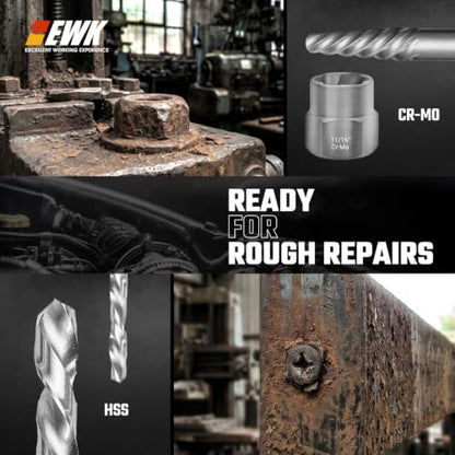 EWK 26-Piece Screw and Bolt Extractor Set, Spiral Screw Extractors, Twist Drill Bits, and Bolt Extractor Sockets for Stripped Screws, Broken Bolts, Rusted Fasteners, and Damaged Hex Heads - style: 26 Pcs Screw Extractor & Drill Bit Sets