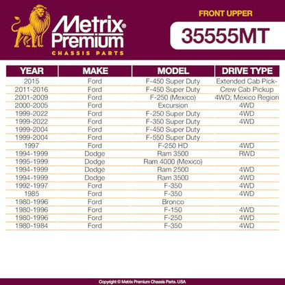 Metrix Premium Chassis Parts Ball Joint Fits Ford F-450 Super Duty 11-16 | F-250 (Mexico) 4WD 01-09, Excursion 4WD 00-05, F-250 Super Duty 4WD 99-22, Front Upper, Replacement K80026, Made in Europe - size: 35555MT