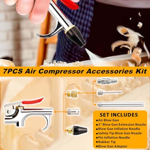 7PCS Air Compressor Accessories Kit, 1/4" NPT Quick Connect Air Tool Set for Compressor, Includes Blow Gun, Extension Nozzle, Rubber Tip, Inflation Needles & Adapter – Alloy Construction
