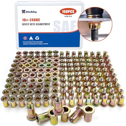 Rivet Nut, Ktehloy 150Pcs 10-24UNC Carbon Steel Flat Head Rivnut Threaded Insert Nut, Zinc Plated Carbon Steel Nut Inserts, Knurled Body (10-24) - size: 10-24 - 150 Pcs