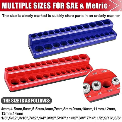 2-Piece Magnetic Socket Holder - 1/4 Inch Drive Metric SAE Socket Trays Tool Storage Set - Holds 52 Sockets for Tool Box Drawer