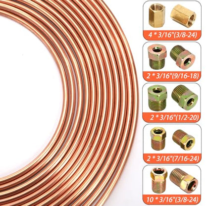 Fasmov 25 ft 3/16" Copper Coated Brake Line Kit, Brake Line Flaring Tool Kit (Includes 16 Fittings and 4 Unions Brake Line Fittings) + Double & Single Flaring Tool Kit