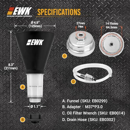 EWK 64mm Oil Filter Wrench, Drain Hose & Oil Funnel Set, Complete No-Mess Forged Aluminum Oil Change Kit for Toyota, Lexus, Scion 2.0L - 5.7L Engines - style: Drain Tool Set + Funnel
