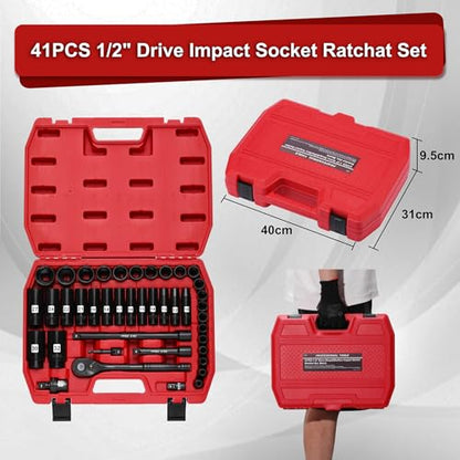 Mayouko 41PCS 1/2" Drive Impact Socket Wrench Set, Deep & Shallow Metric Socket Set 8-32mm, 72 Tooth Ratchet Handle, CR-V, Includes Extension Bars, Universal Joint, Adapters, 6 Point Design