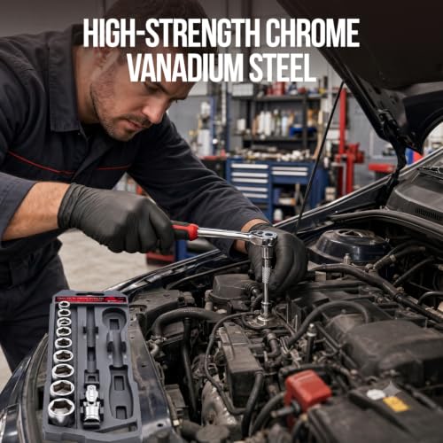 13-Piece 3/8" Drive Socket Set, Metric (8mm-21mm), 72-Tooth Quick-Release Ratchet Wrench with 4-Inch Extension Bar & Universal Joint, Professional CR-V Steel Mechanics Tool Set for Auto Repair & DIY