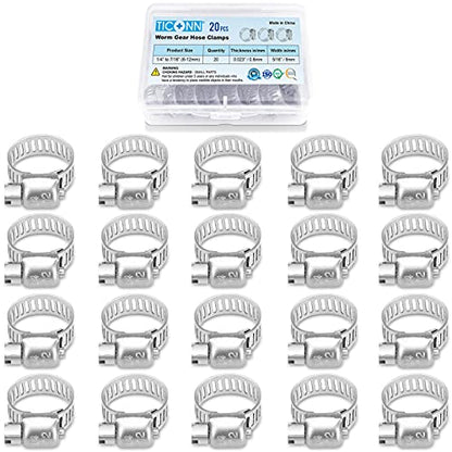 TICONN 20PCS Hose Clamp Set - 1/4''–7/16'' 304 Stainless Steel Worm Gear Hose Clamps for Pipe, Intercooler, Plumbing, Tube and Fuel Line - size: SAE Micro#4 20PCS 1/4"~7/16"