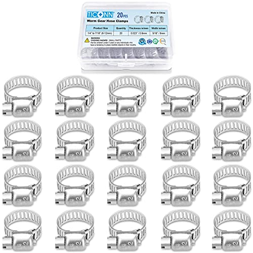 TICONN 20PCS Hose Clamp Set - 1/4''–7/16'' 304 Stainless Steel Worm Gear Hose Clamps for Pipe, Intercooler, Plumbing, Tube and Fuel Line - size: SAE Micro#4 20PCS 1/4"~7/16"
