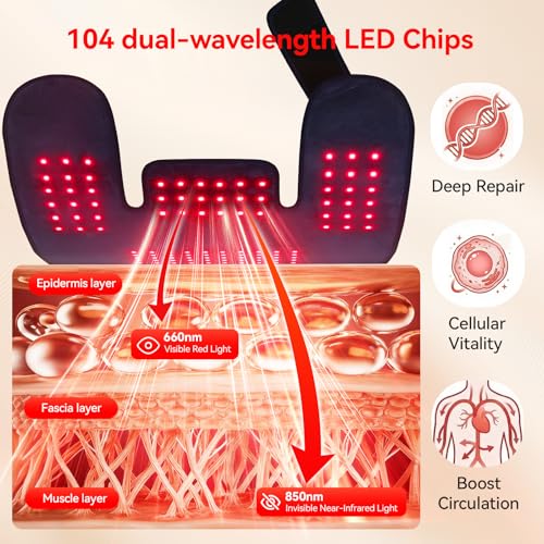 Red Light Therapy for Neck Shoulder, 660nm & 850nm Infrared Light Therapy Wrap, Cordless 5000mAh Rechargeable Light Therapy Pad with Timer & Pulse Modes for Home Use