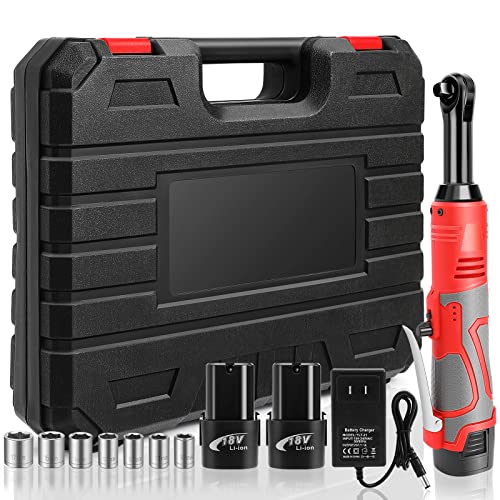 Cordless Electric Ratchet Wrench, 3/8" 18V Electric Ratchet Wrenches Set, 45 ft-Lbs 400RPM Cordless Ratchet Wrench with 2 Pack 2000mAh Lithium-Ion Battery, 7 Sockets Wrench and Charger