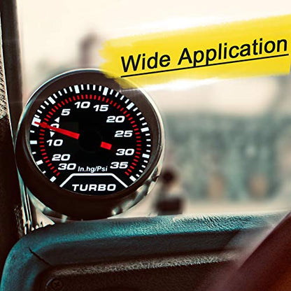 WATERWICH 35 PSI Turbo Boost/Vacuum Gauge Meter Kit Includes Mechanical Hose & T-Fitting - Black Dial - Clear Lens 2" 52mm 12V Universal for Car Truck