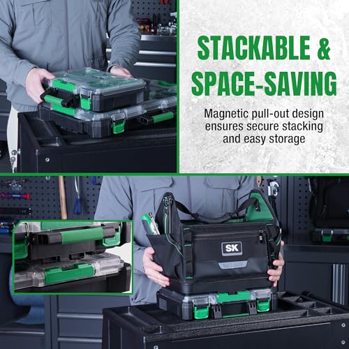 SK 13.5-Inch Small Part Organizer, Stackable Tools Box Organizer with 7 Compartments and Removable Dividers, Transparent Lid, Waterproof & Impact-Resistant Design, for Small Tools and Accessories - size: 13.5-Inch Small Part Organizer