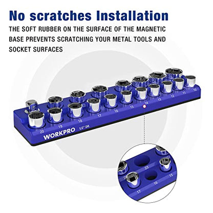 WORKPRO Magnetic Socket Organizer, 1/2-Inch Metric Socket Holder | Hold 19-Piece Sockets, Suitable for Standard and Deep Socket, Magnetic Base, No Scratches Installation, Sockets not Included - size: 1/2" DR - Metric