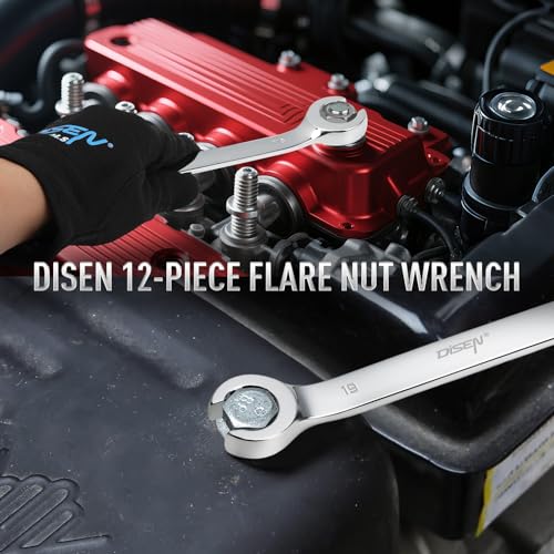 DISEN 16-Piece Flare Nut Wrench Set with PTFE Tape | Metric and SAE Inch1/4 to 7/8" & 6-21mm, CR-V Steel Brake Line Wrench Set with Organizer Pouch,Father's Gift - style: Silver Flare Nut Wrench Set