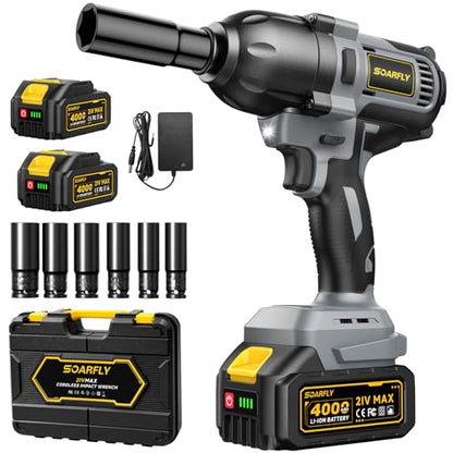 SOARFLY 1/2" Cordless Impact Wrench, 738 Ft-lbs (1000 N.m) High Torque 21V Brushless Electric Impact Gun with 2x 4.0Ah Batteries, Impact Driver with LED Light, 6 Sockets for Home Car/Mower/Truck RV