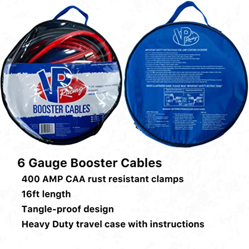 Heavy Duty Jumper Cables VP Racing - 16 ft. 6 Gauge for Car Battery Automotive Booster Cables With Vice Clamps for Jump Starting Dead or Weak Batteries with Carrying Bag Included - Cars, Trucks, SUVs
