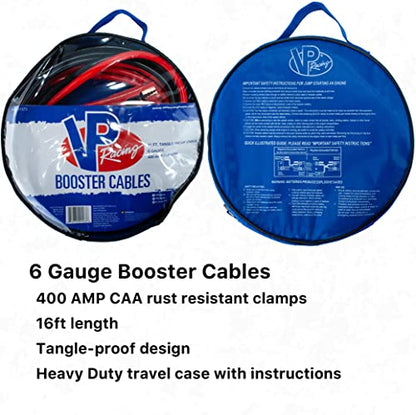 Heavy Duty Jumper Cables VP Racing - 16 ft. 6 Gauge for Car Battery Automotive Booster Cables With Vice Clamps for Jump Starting Dead or Weak Batteries with Carrying Bag Included - Cars, Trucks, SUVs