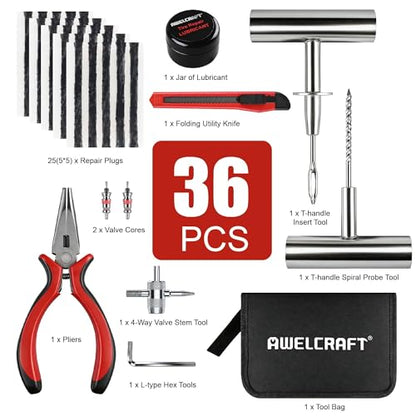 AWELCRAFT 36-Piece Tire Repair Kit – Heavy Duty Flat Tire Plug Kit with T-Handle Tools, 25 Rubber Plugs, 4-Way Valve Tool, Pliers, Folding Knife – Portable Tool Bag – Universal for Car - size: 36 Piece Repair Kit