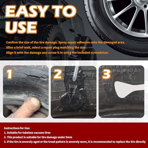 60PCS Car Tire Repair Rubber Nail Kit,Self-Tapping Tire Plug Kit Includes Tires Repairs Screws/Screwdrivers/Glue,Professional Tires Repair Screws Kits for Cars/Motorcycle