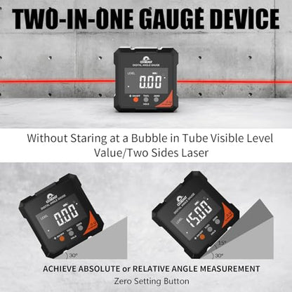 4-Side Digital Angle Finder Digital Level Magnetic Laser Gauge Rechargeable | 4-side magnetic base backlit display Compact inclinometer for woodworking table saw construction carpentry gift for men black - color: Black