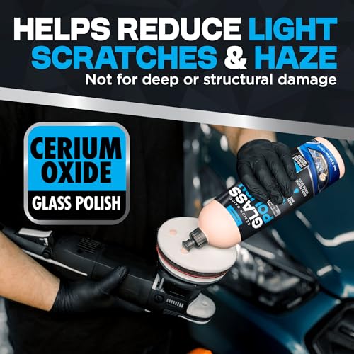 Durabasics Cerium Oxide Glass Polish – Glass Scratch Remover for Light Scratches, Haze & Wiper Marks on Windshields – Glass Polishing Compound with 3” Wool Felt Pad Kit – 16oz