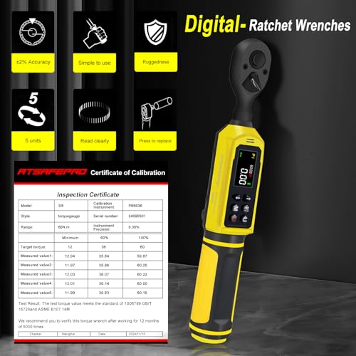 ATsafepro 3/8-Inch Digital Drive Torque Wrench-1-60Nm (1-44 ft-lb),High-Precision Torque Wrench with Buzzer, LED Flash, 5 Units, for Motorcycle & Home Repairs - style: 3/8" 1-44 FT.LB Digital Torque Wrench