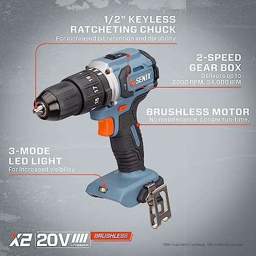 SENIX X2 20 Volt Max* Cordless 1/2-Inch Hammer Drill Driver with Brushless Motor, Power Tool Kit Includes Storage Bag, 2.0 Ah Battery,Charger,Safety Glasses (PDHX2-M2) - style: Hammer Drill Driver