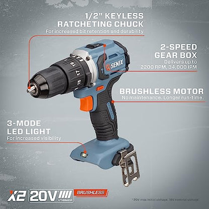 SENIX X2 20 Volt Max* Cordless 1/2-Inch Hammer Drill Driver with Brushless Motor, Power Tool Kit Includes Storage Bag, 2.0 Ah Battery,Charger,Safety Glasses (PDHX2-M2) - style: Hammer Drill Driver