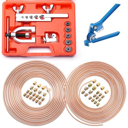 25 ft 1/4" + 3/16" Copper Coated Brake Line Kit (Includes 32 Fittings and 8 Unions) + Tube Bender + Brake Line Double & Single Flaring Tool Kit