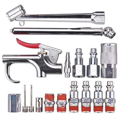 17PCS Air Compressor Accessories Attachment Kit, 1/4’’ Air Hose Fittings, Blow Gun, Tire Gauge, Air Chuck