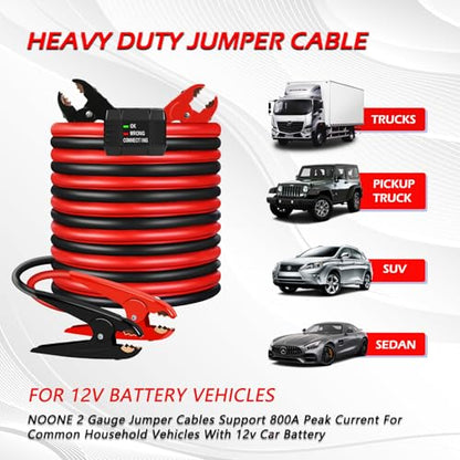 NOONE Heavy Duty Jumper Cables, 2 Gauge 20Feet 800Amp Automotive Booster Cables with Reverse Polarity Protection for Car, SUV and Truck, Jumper Cables Kit with Carry Bag - size: 2Gauge x 20FT