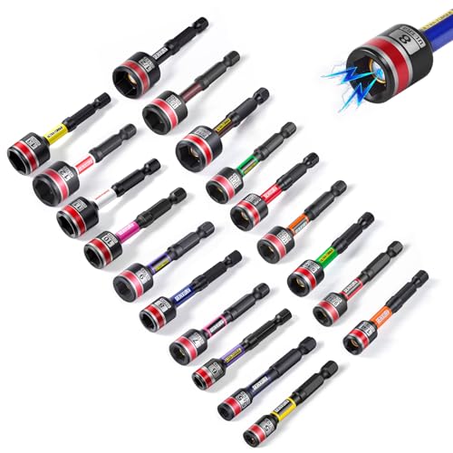 Geinxurn Impact Nut Driver Set, 19 Pieces 2.56 Inch Long Magnetic Metric&SAE Nut Setter Set 6 Point Alloy Steel Use 1/4” Hex Shank Impact Driver Stored in Portable Storage Cases for Repair - size: 2.56", style: 2.56"-S&M