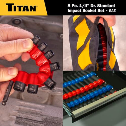 Titan 46001 8-Piece 1/4-Inch Drive SAE Shallow Impact Socket Set, 6-Point, SAE Sizes 3/16 to 9/16-Inch - size: 8-Piece SAE Shallow, style: 1/4-Inch Drive
