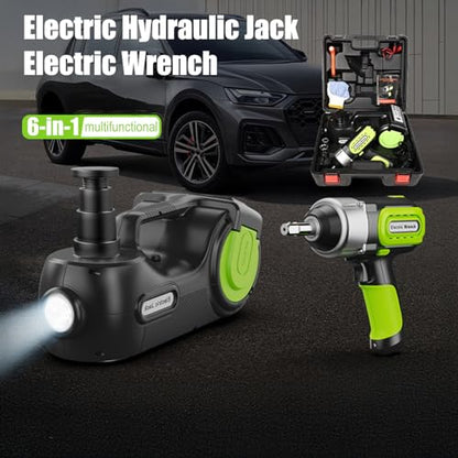 5-Ton Electric Hydraulic Car Jack Kit with Impact Wrench, 6.1-20.87 inch Lifting Range, 12V Emergency Tire Removal Tool Set with Window Breaker, Battery Clamps & Anti-Slip Gloves
