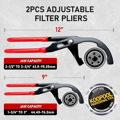 KOOPOOL 8Pc Oil Filter Wrench Set – Fits 2-3/4" to 5-1/4" | 8-piece oil filter removal tool set: 2 adjustable pliers (9" & 12"), swivel wrenches, adapter. Organized in storage case