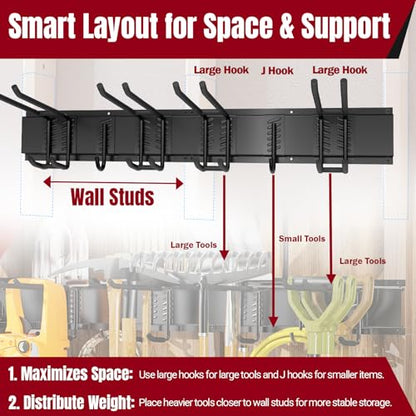 99" Garage Tool Organizer Wall Mount, 28 Pack Heavy Duty Wall Mount Garage Storage Rack Carries1000 lbs, Metal Wall Mount Tool Hanger for Shovels, Rakes, Fits 16" Wall Studs (6 Panels) - size: 99" | 6 Panels+18 Hooks+4 Straps