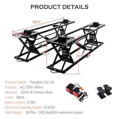 Heavy-Duty Portable Car Lift 7000 LBS Capacity, 28 Inch Max Lift Height with Mechanical Safety Locks, Adjustable Quick Jack Design, Folding & Wheels for Easy Storage