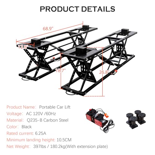Portable Car Lift 7,000 LBS Capacity – 26.8" Max Lifting Height Heavy‑Duty Quick Jack with Mechanical Safety Locks, Adjustable Columns, Wheels & 120V Power Unit for Cars, SUVs, Trucks
