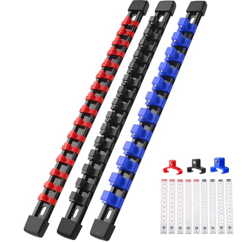 Reniteco 3-Pack Socket Organizer Set, 1/4" x 16 3/8" x 15 1/2" x 12 Clips | 43 Clip Capacity, Havy-Duty ABS Socket Rails, Removable Clips, Drive Socket Storage, Toolbox Drawer or Wall Mount - color: Blue&red&black, size: 3 Pcs
