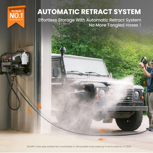 Giraffe Tools Crossfalls Retractable Pressure Washer Ultra, Max 2.6GPM 1650PSI with Brushless Motor, Wall Mount Electric Power Washer with 50ft Pressure Hoses, 4-Nozzle, Foam Cannon, Automatic Rewind - size: 50ft