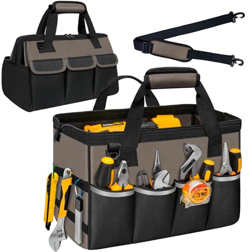 Portable Tool Bag Heavy Duty Tool Box Organizer with Shoulder Strap, Coffee | Heavy-Duty Tool Tote With Wide Mouth Opening & Adjustable Shoulder Strap. Durable Storage Bag For Mechanics & Engineers. - color: Coffee & Black, size: L