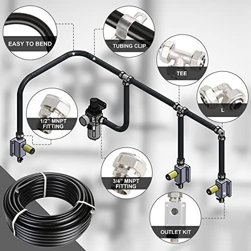 Hromee Compressed Air Piping System with 3/4 inch x 100 feet HDPE Tubing and Aluminum Outlet Blocks for Garage Connect Air Compressor Hose Accessories 37 Pieces