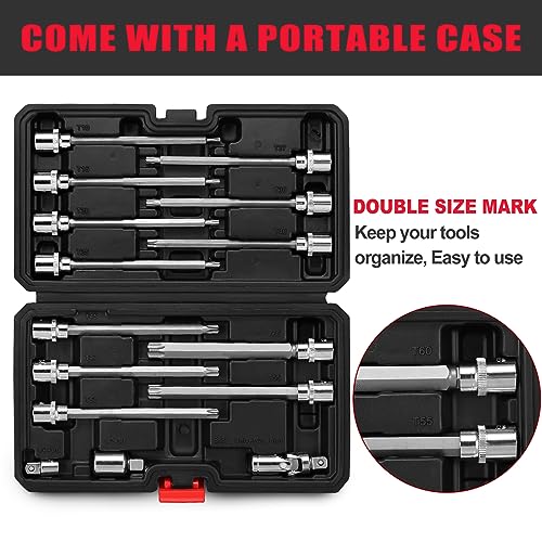 3/8" Drive Extra Long Torx Bit Socket Set,15-Piece T10-T60 Star Bit Socket Set S2 Alloy Steel Torx Bit 4.6" Length