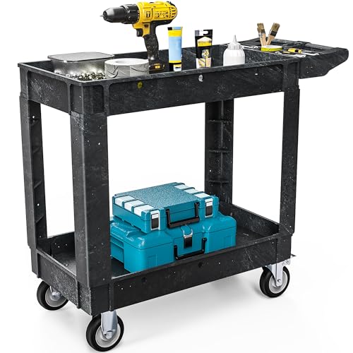 DWVO 40 x 17 in Heavy Duty Rolling Utility Cart on Wheels Black | Utility Service Cart 550 LBS Plastic Work Cart for Warehouse Garage School & Office Cleaning - color: Black, size: 40"x17"